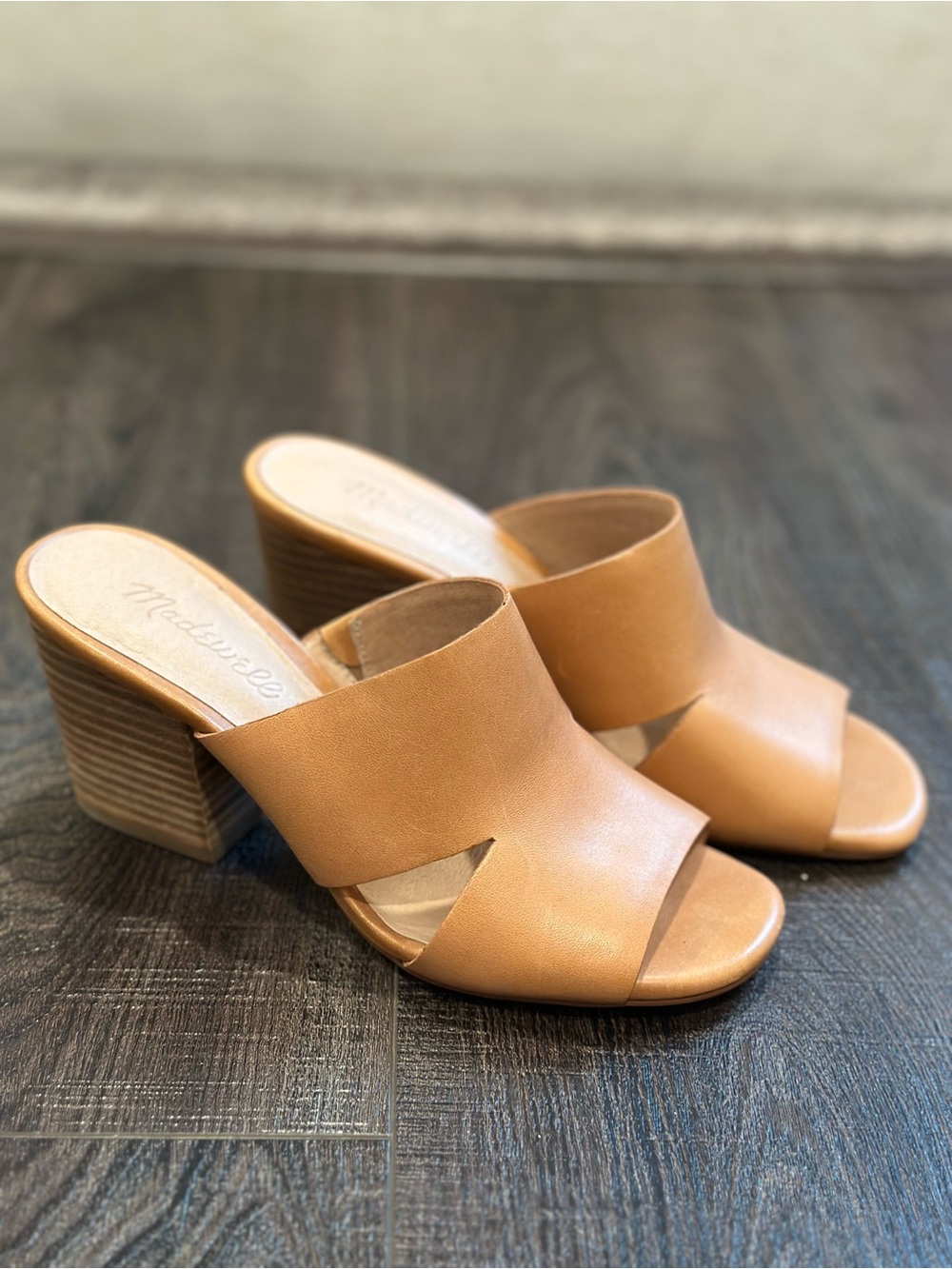 Madewell Tan Leather Crossover Block Heel Mules